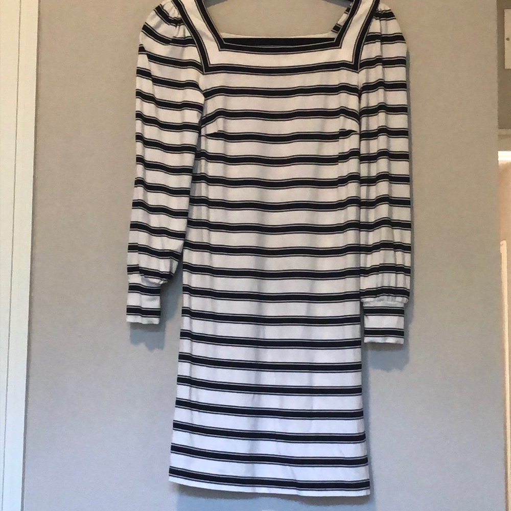 Loft white/navy striped long-sleeve dress